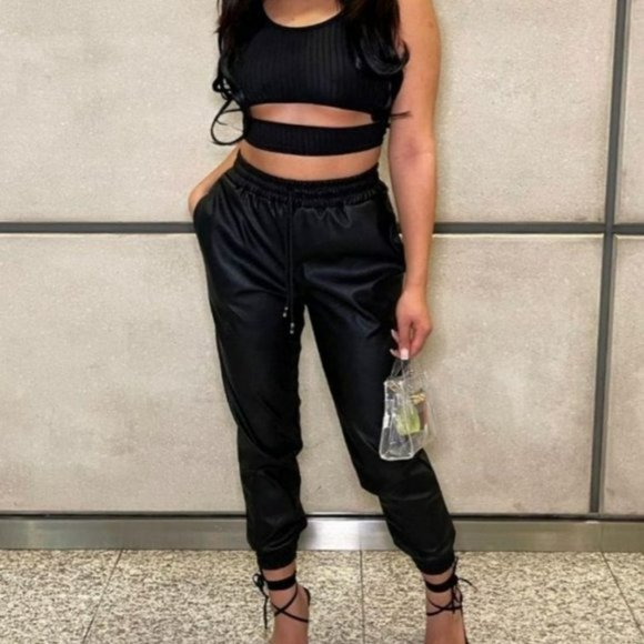 Black Faux Leather Vegan Leather High Waist Loose Fit Joggers Jogger Pants - Picture 6 of 10